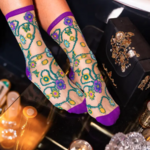 Jeweled Floral Gold Shimmer Sheer Crew Sock