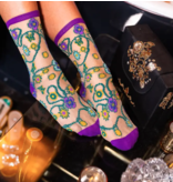 Jeweled Floral Gold Shimmer Sheer Crew Sock