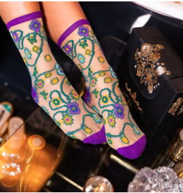 Jeweled Floral Gold Shimmer Sheer Crew Sock