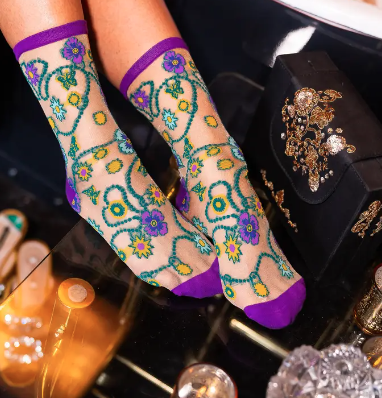Jeweled Floral Gold Shimmer Sheer Crew Sock