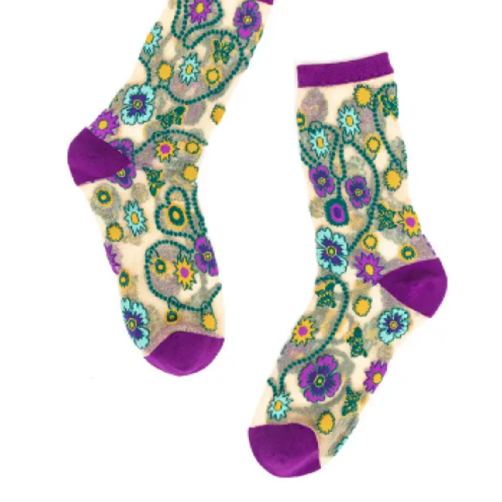 Jeweled Floral Gold Shimmer Sheer Crew Sock