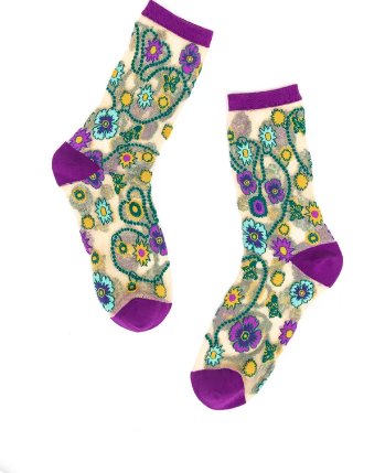 Jeweled Floral Gold Shimmer Sheer Crew Sock