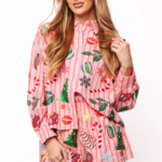 Queen of Sparkles Light Pink & Red Stripe Christmas Icons Button Up Top