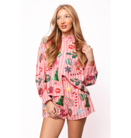 Queen of Sparkles Light Pink & Red Stripe Christmas Icons Button Up Top
