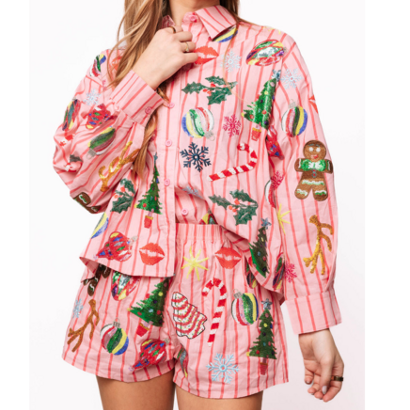 Queen of Sparkles Light Pink & Red Stripe Christmas Icons Button Up Top