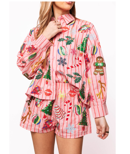 Queen of Sparkles Light Pink & Red Stripe Christmas Icons Button Up Top