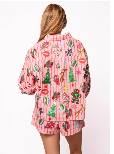 Queen of Sparkles Light Pink & Red Stripe Christmas Icons Button Up Top