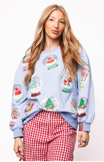 Queen of Sparkles Powder Blue Christmas Snow Globe Sweatshirt