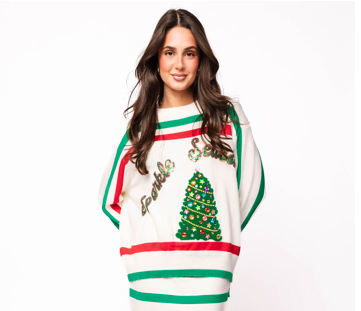 Queen of Sparkles White, Red & Green Stripe 'Sparkle Season' Long Sleeve Sweater