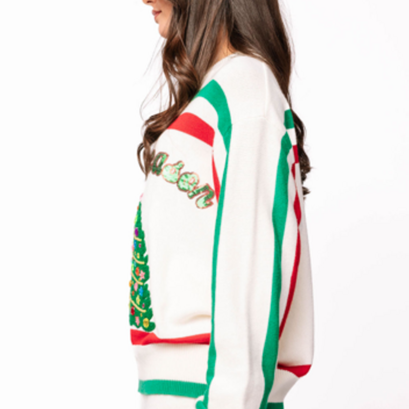 Queen of Sparkles White, Red & Green Stripe 'Sparkle Season' Long Sleeve Sweater