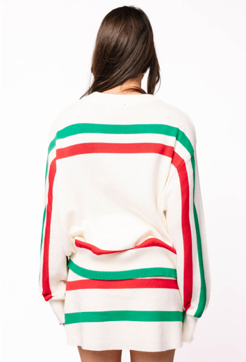 Queen of Sparkles White, Red & Green Stripe 'Sparkle Season' Long Sleeve Sweater