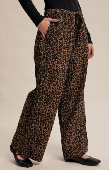Leopard Print Denim Drawstring Pants