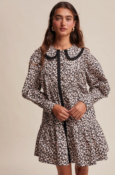 Pink Leopard Ruffle Collar Mini Dress