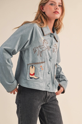 Western Embroidery Blue Suede Jacket