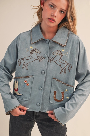 Western Embroidery Blue Suede Jacket