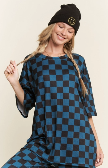 Teal/Black Ribbed Checkered Print
