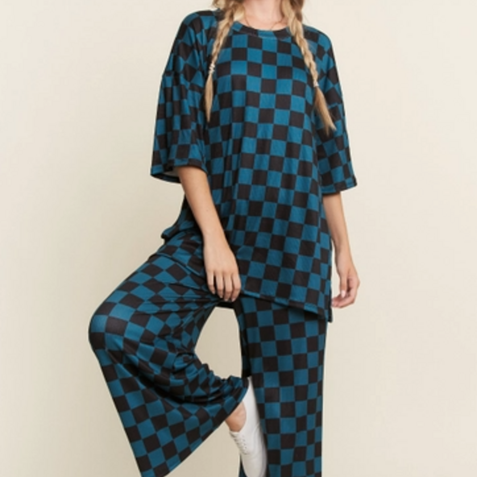 Teal/Black Ribbed Checkered Print