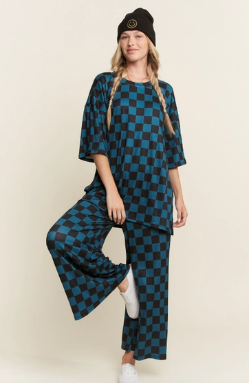 Teal/Black Ribbed Checkered Print