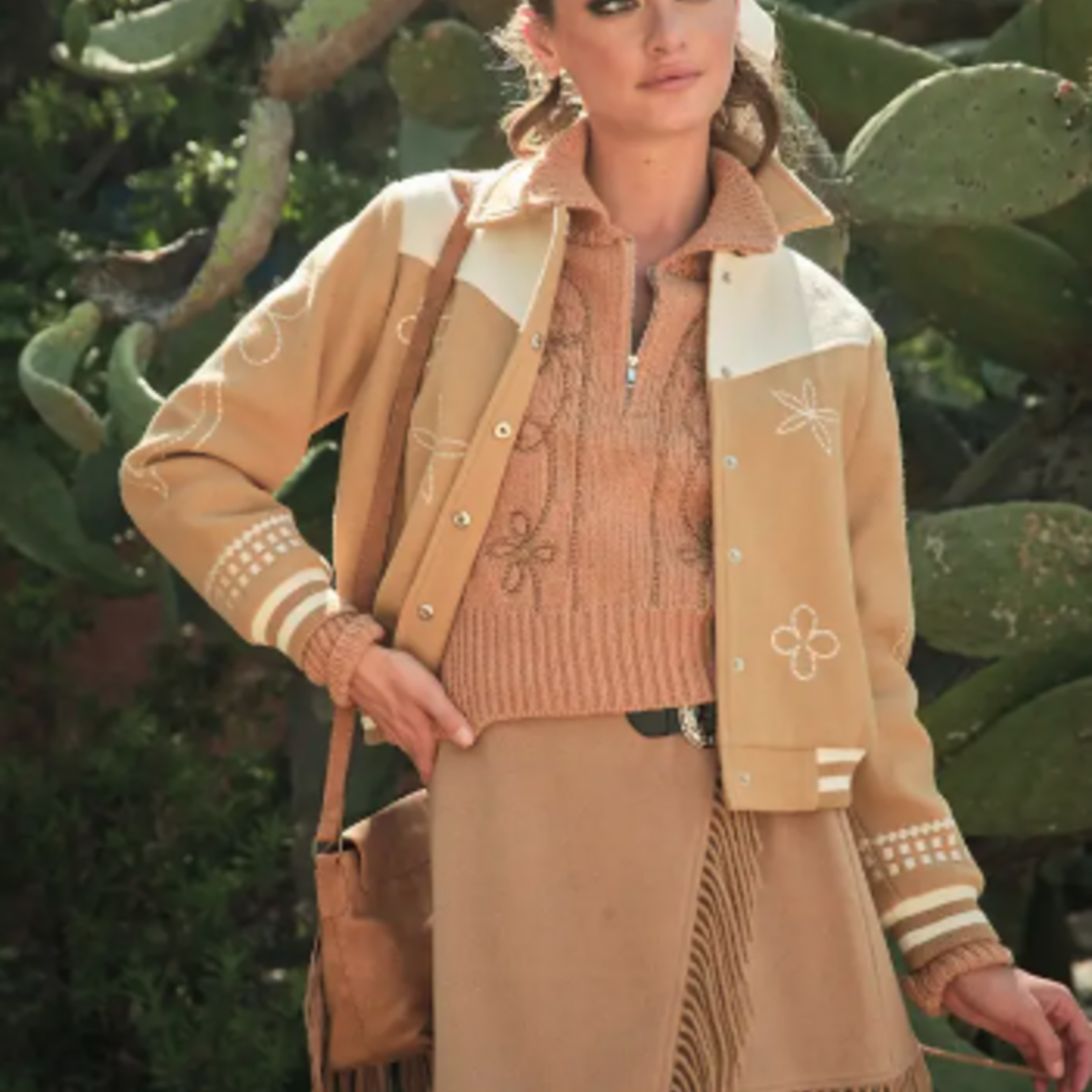 Taupe Embroidered Contrast Bomber Jacket