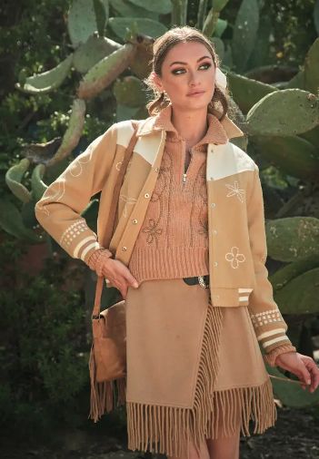 Taupe Embroidered Contrast Bomber Jacket