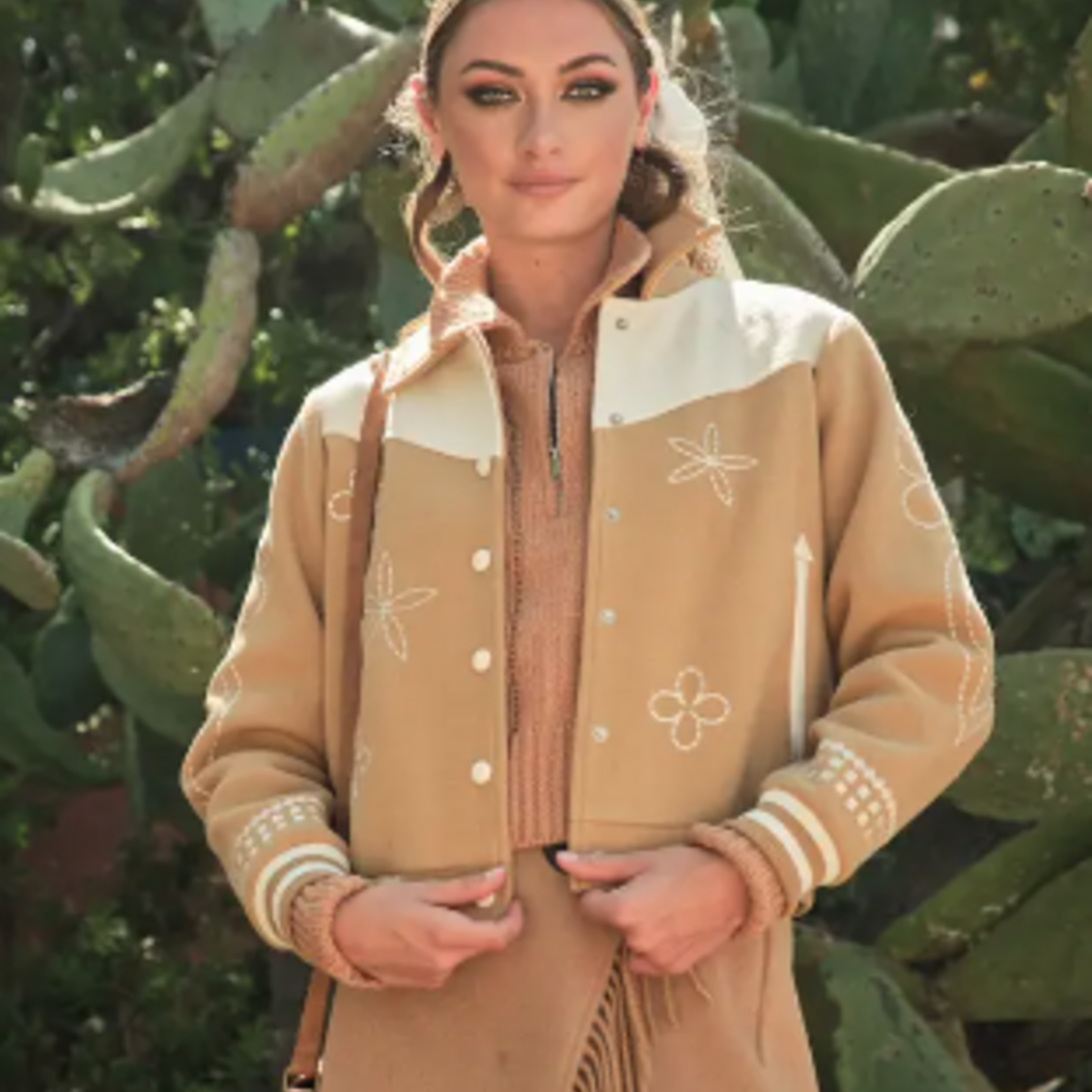 Taupe Embroidered Contrast Bomber Jacket