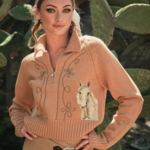 Taupe Horse Embroidered Zip Up Sweater