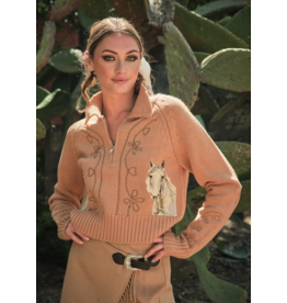 Taupe Horse Embroidered Zip Up Sweater