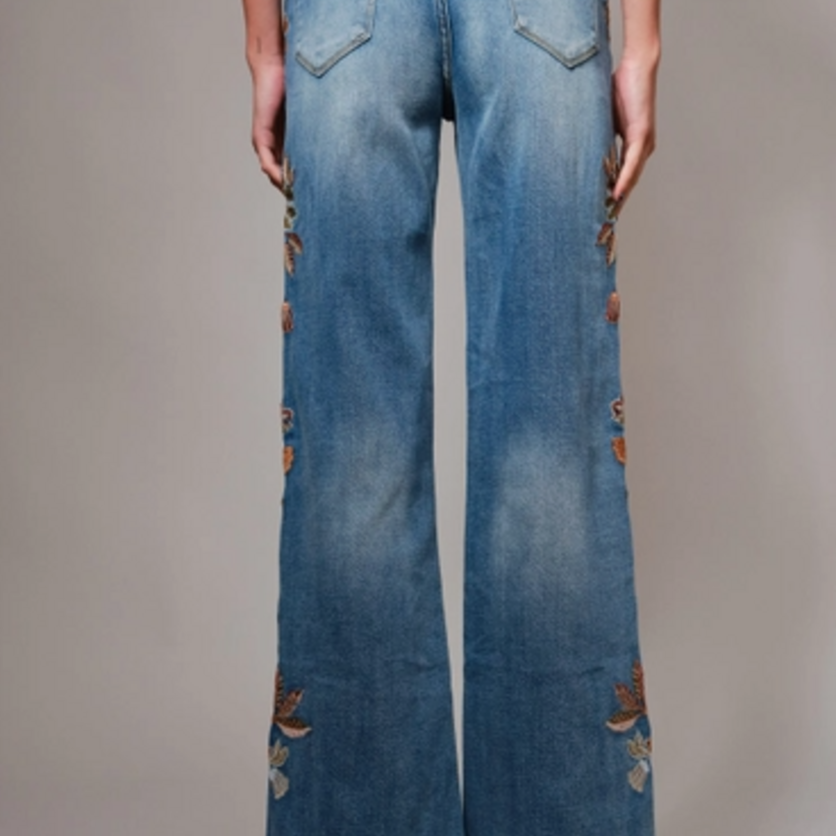 Flower Embroidery High Waist Flare Jean
