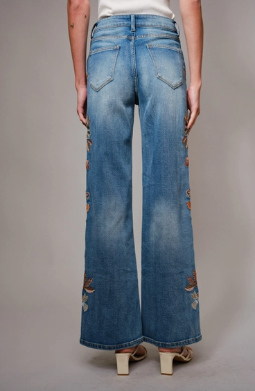 Flower Embroidery High Waist Flare Jean