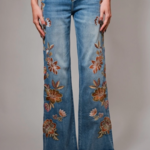 Flower Embroidery High Waist Flare Jean
