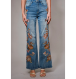 Flower Embroidery High Waist Flare Jean