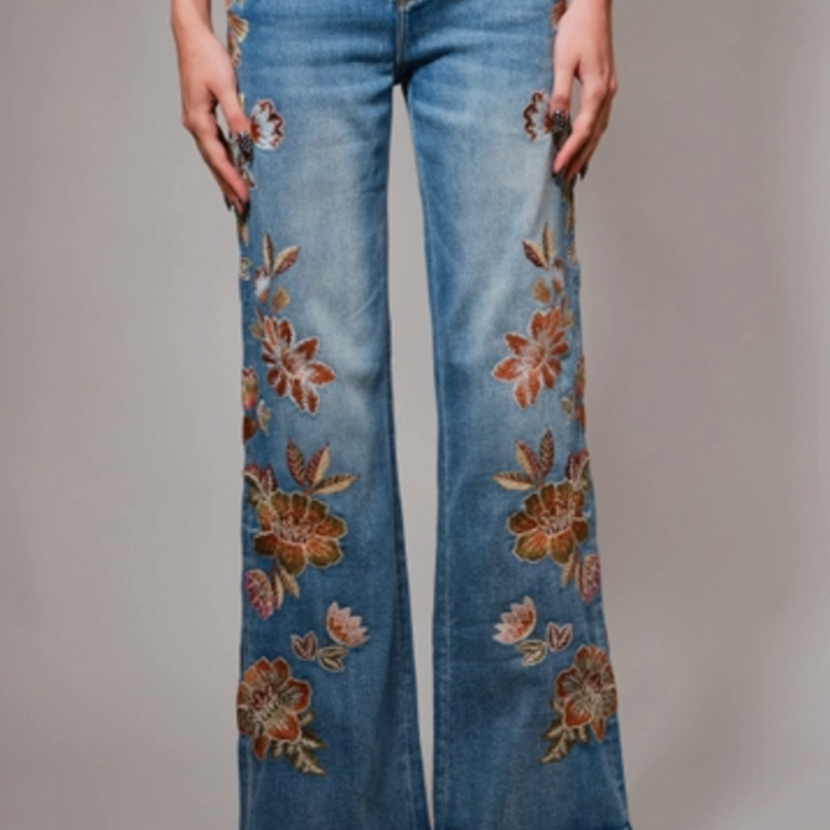 Flower Embroidery High Waist Flare Jean