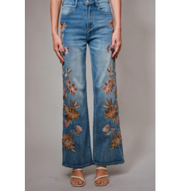 Flower Embroidery High Waist Flare Jean