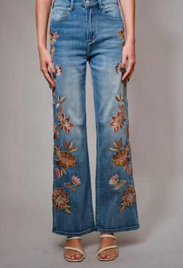 Flower Embroidery High Waist Flare Jean