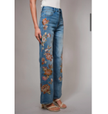 Flower Embroidery High Waist Flare Jean