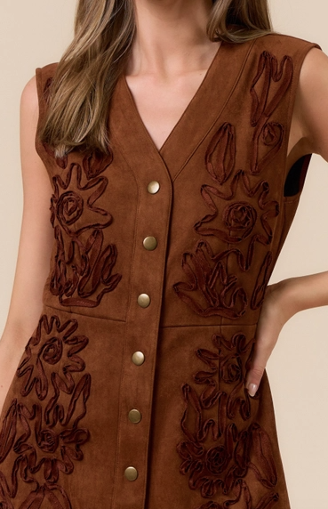 Cinnamon Sleeveless Button-Down Suede Dress