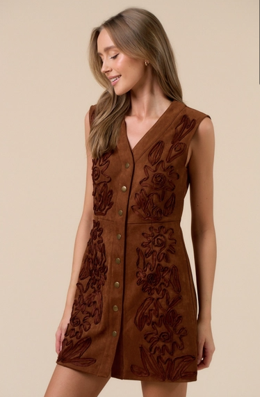 Cinnamon Sleeveless Button-Down Suede Dress