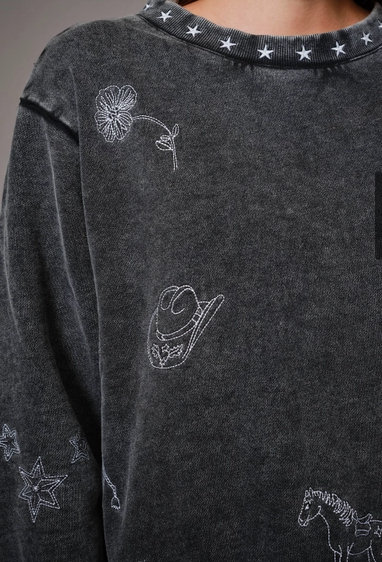 Charcoal Mineral Wash Western Embroidered Sweatshirt