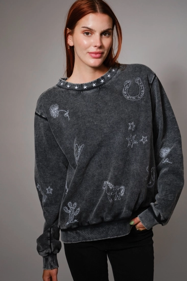 Charcoal Mineral Wash Western Embroidered Sweatshirt