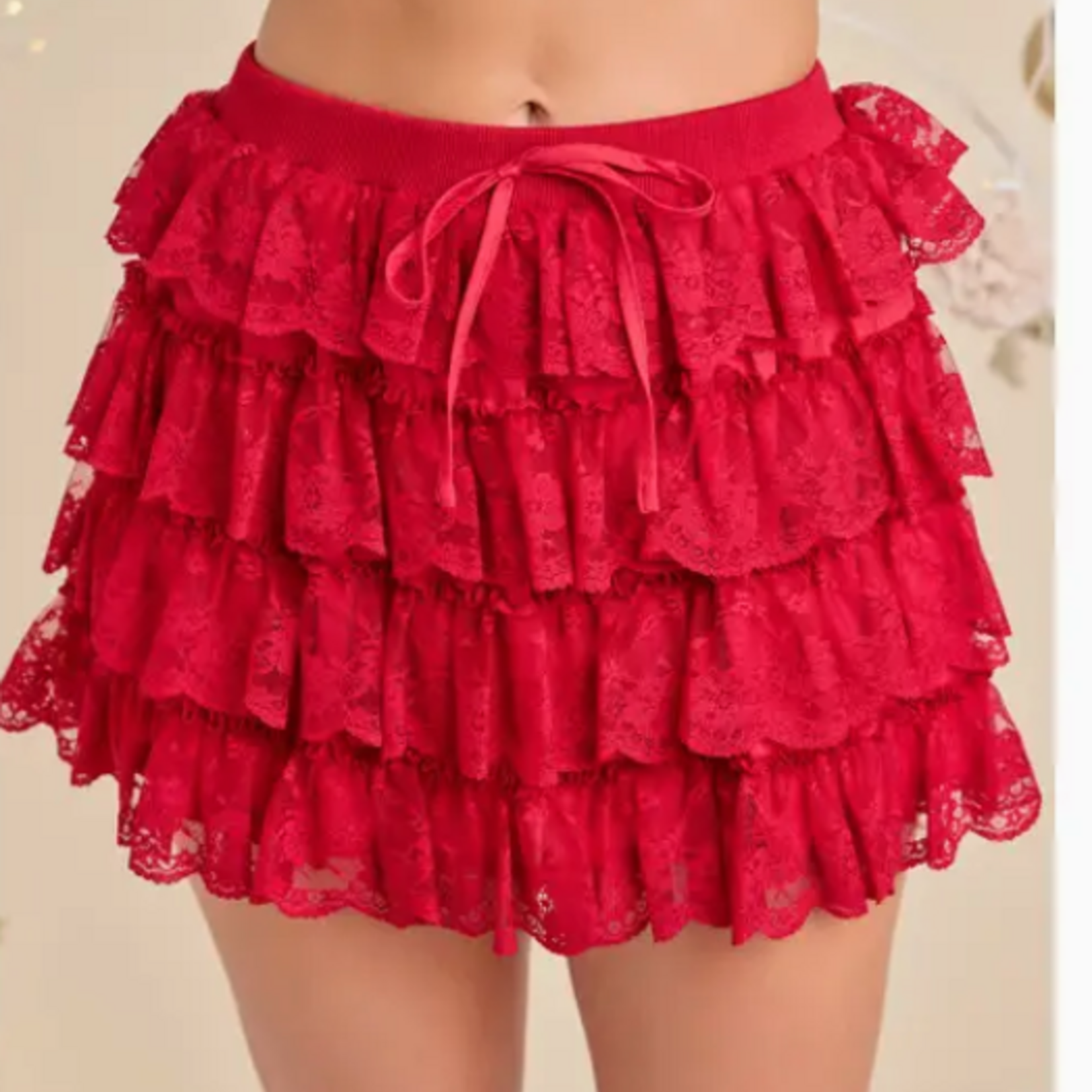 Red Tiered Lace Mini Skort