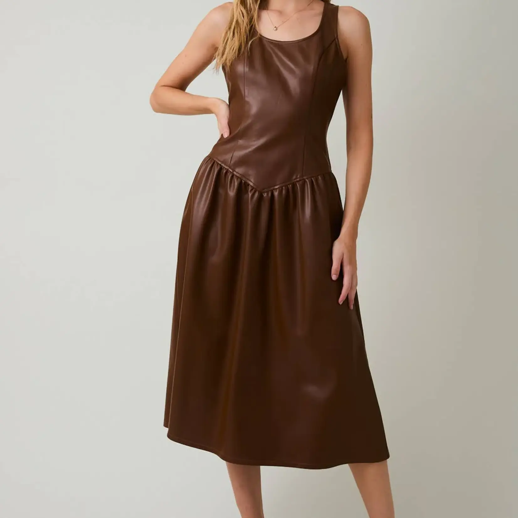 Chocolate Scooped Neck Sleeveless Faux Leather Midi Dress