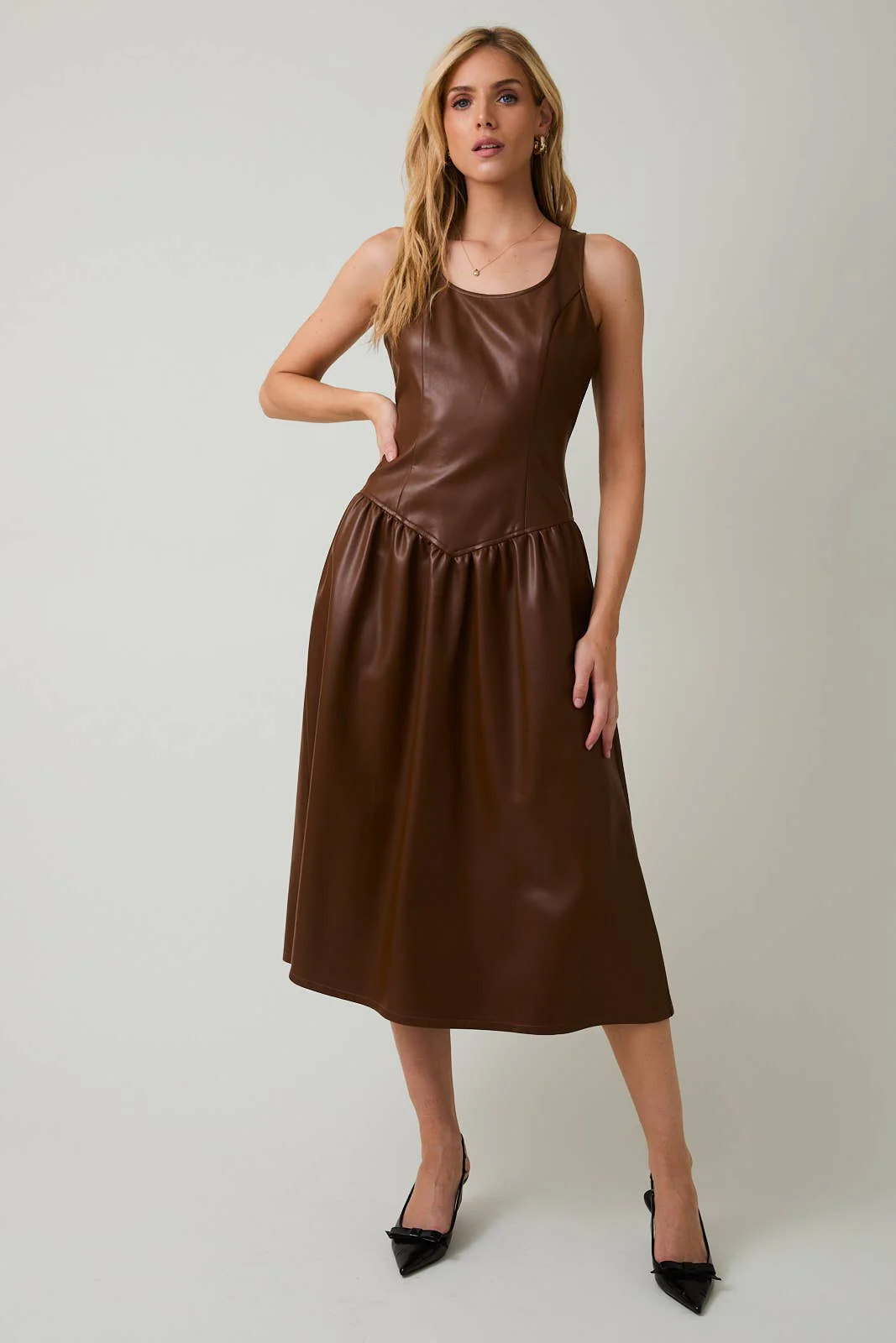 Chocolate Scooped Neck Sleeveless Faux Leather Midi Dress