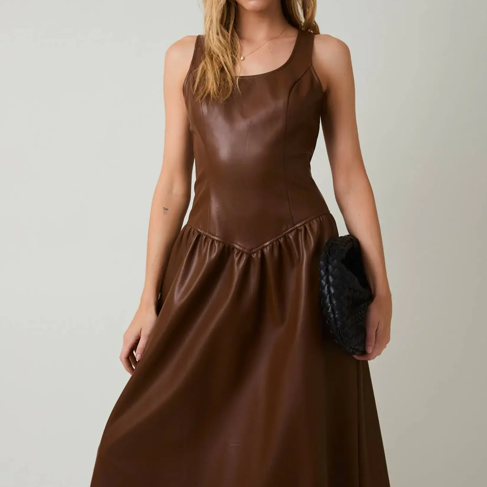 Chocolate Scooped Neck Sleeveless Faux Leather Midi Dress