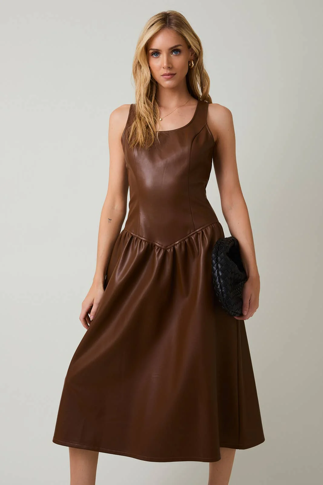 Chocolate Scooped Neck Sleeveless Faux Leather Midi Dress