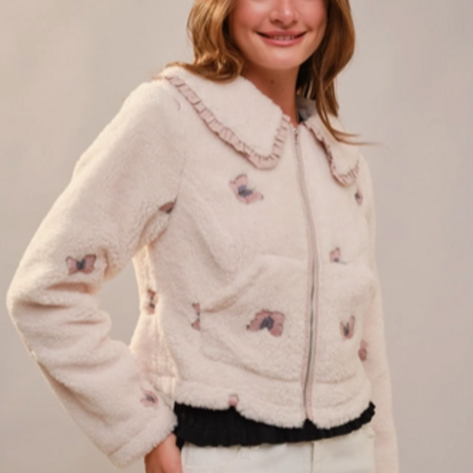 Butterfly Embroidered Sherpa Jacket