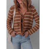 Brown & White Tie Front Striped Cardigan
