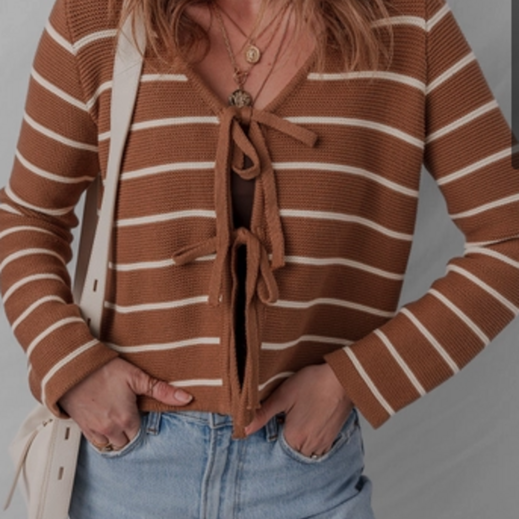 Brown & White Tie Front Striped Cardigan