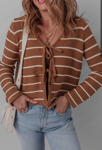 Brown & White Tie Front Striped Cardigan