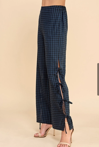 Gingham Side Tie Detail Long Pants