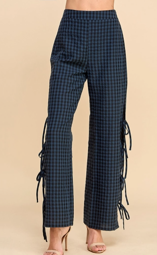 Gingham Side Tie Detail Long Pants